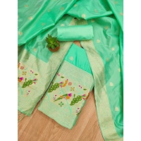 Shopnav Women's Banarasi Silk Printed Unstitched Salwar Suit Material With Dupatta (Sea Green, 3Mtrs)