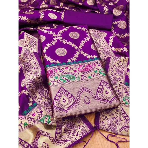 Shopnav Women's Banarasi Silk Printed Unstitched Salwar Suit Material With Dupatta (Purple, 3Mtrs)