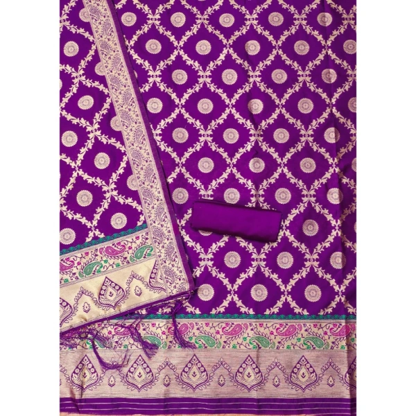 Shopnav Women's Banarasi Silk Printed Unstitched Salwar Suit Material With Dupatta (Purple, 3Mtrs)