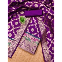 Shopnav Women's Banarasi Silk Printed Unstitched Salwar Suit Material With Dupatta (Purple, 3Mtrs)
