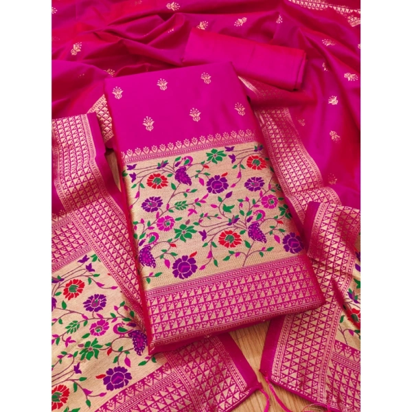 Shopnav Women's Banarasi Silk Printed Unstitched Salwar Suit Material With Dupatta (Pink, 3Mtrs)