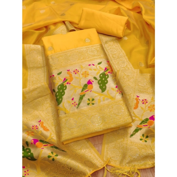 Shopnav Women's Banarasi Silk Printed Unstitched Salwar Suit Material With Dupatta (Yellow, 3Mtrs)
