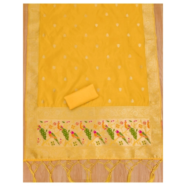 Shopnav Women's Banarasi Silk Printed Unstitched Salwar Suit Material With Dupatta (Yellow, 3Mtrs)