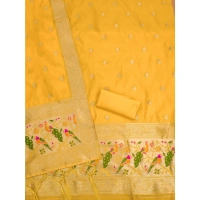 Shopnav Women's Banarasi Silk Printed Unstitched Salwar Suit Material With Dupatta (Yellow, 3Mtrs)