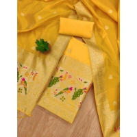 Shopnav Women's Banarasi Silk Printed Unstitched Salwar Suit Material With Dupatta (Yellow, 3Mtrs)