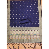 Shopnav Women's Banarasi Silk Printed Unstitched Salwar Suit Material With Dupatta (Navy Blue, 3Mtrs)