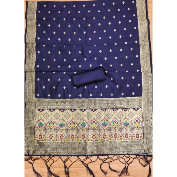 Shopnav Women's Banarasi Silk Printed Unstitched Salwar Suit Material With Dupatta (Navy Blue, 3Mtrs)