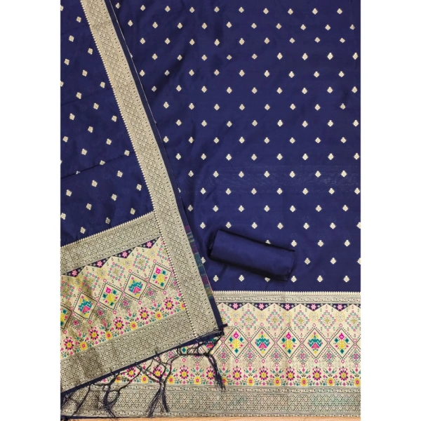 Shopnav Women's Banarasi Silk Printed Unstitched Salwar Suit Material With Dupatta (Navy Blue, 3Mtrs)