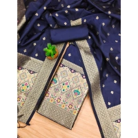 Shopnav Women's Banarasi Silk Printed Unstitched Salwar Suit Material With Dupatta (Navy Blue, 3Mtrs)