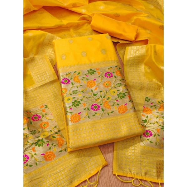 Shopnav Women's Banarasi Silk Printed Unstitched Salwar Suit Material With Dupatta (Yellow, 3Mtrs)
