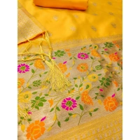 Shopnav Women's Banarasi Silk Printed Unstitched Salwar Suit Material With Dupatta (Yellow, 3Mtrs)