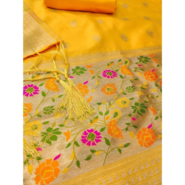 Shopnav Women's Banarasi Silk Printed Unstitched Salwar Suit Material With Dupatta (Yellow, 3Mtrs)