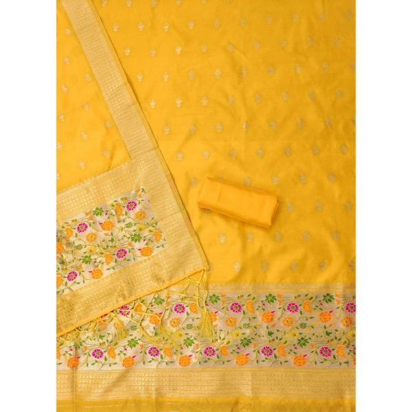 Shopnav Women's Banarasi Silk Printed Unstitched Salwar Suit Material With Dupatta (Yellow, 3Mtrs)