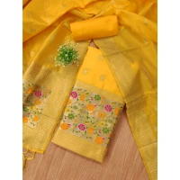 Shopnav Women's Banarasi Silk Printed Unstitched Salwar Suit Material With Dupatta (Yellow, 3Mtrs)