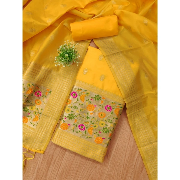 Shopnav Women's Banarasi Silk Printed Unstitched Salwar Suit Material With Dupatta (Yellow, 3Mtrs)