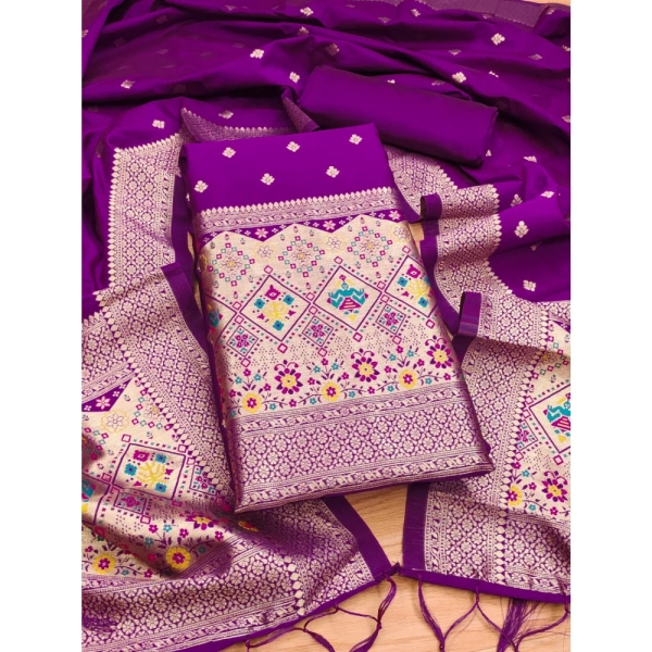 Shopnav Women's Banarasi Silk Printed Unstitched Salwar Suit Material With Dupatta (Purple, 3Mtrs)