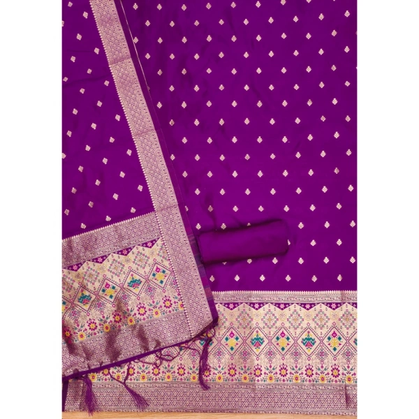 Shopnav Women's Banarasi Silk Printed Unstitched Salwar Suit Material With Dupatta (Purple, 3Mtrs)