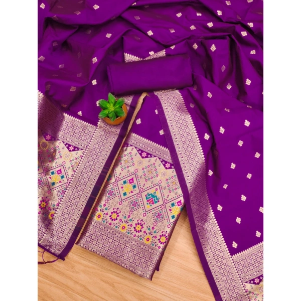 Shopnav Women's Banarasi Silk Printed Unstitched Salwar Suit Material With Dupatta (Purple, 3Mtrs)