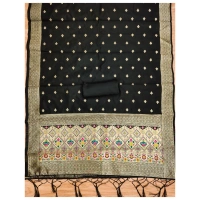 Shopnav Women's Banarasi Silk Printed Unstitched Salwar Suit Material With Dupatta (Black, 3Mtrs)