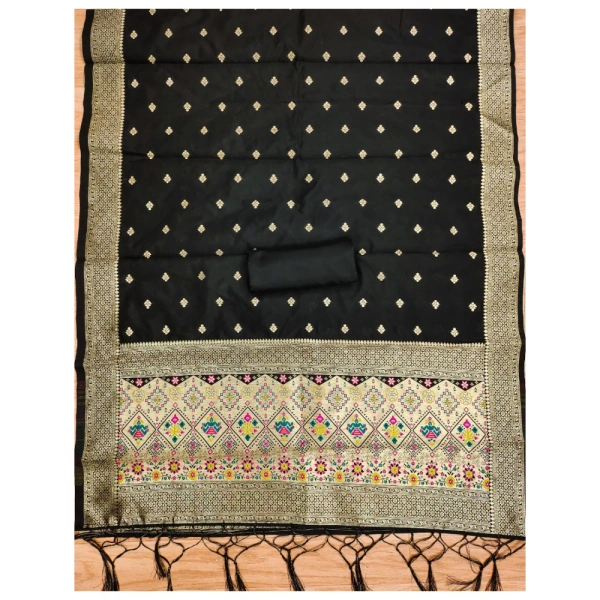 Shopnav Women's Banarasi Silk Printed Unstitched Salwar Suit Material With Dupatta (Black, 3Mtrs)
