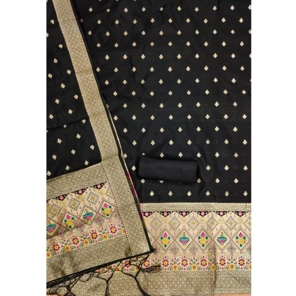 Shopnav Women's Banarasi Silk Printed Unstitched Salwar Suit Material With Dupatta (Black, 3Mtrs)