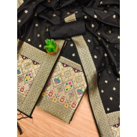 Shopnav Women's Banarasi Silk Printed Unstitched Salwar Suit Material With Dupatta (Black, 3Mtrs)