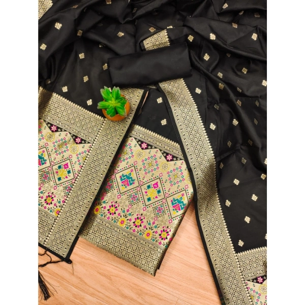 Shopnav Women's Banarasi Silk Printed Unstitched Salwar Suit Material With Dupatta (Black, 3Mtrs)