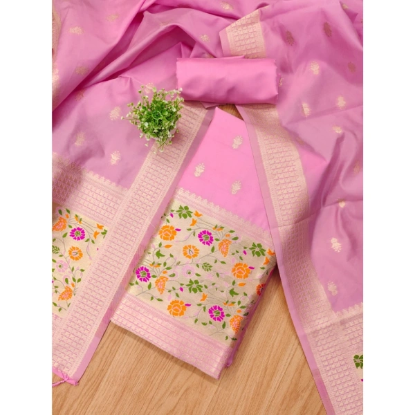 Shopnav Women's Banarasi Silk Printed Unstitched Salwar Suit Material With Dupatta (Light Pink, 3Mtrs)