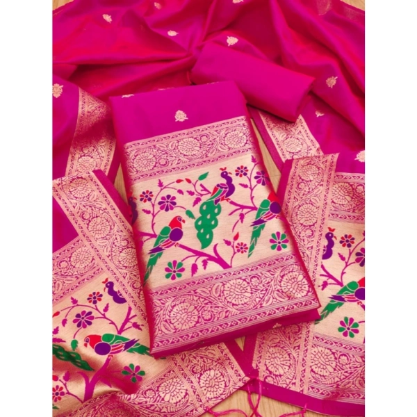 Shopnav Women's Banarasi Silk Printed Unstitched Salwar Suit Material With Dupatta (Pink, 3Mtrs)