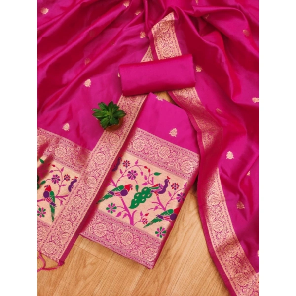 Shopnav Women's Banarasi Silk Printed Unstitched Salwar Suit Material With Dupatta (Pink, 3Mtrs)