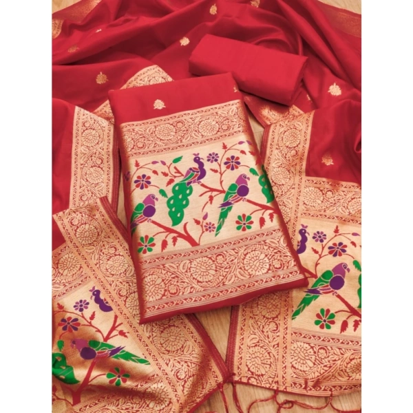 Shopnav Women's Banarasi Silk Printed Unstitched Salwar Suit Material With Dupatta (Red, 3Mtrs)