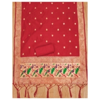 Shopnav Women's Banarasi Silk Printed Unstitched Salwar Suit Material With Dupatta (Red, 3Mtrs)