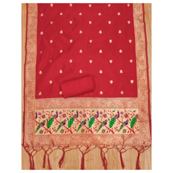 Shopnav Women's Banarasi Silk Printed Unstitched Salwar Suit Material With Dupatta (Red, 3Mtrs)