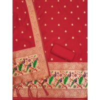 Shopnav Women's Banarasi Silk Printed Unstitched Salwar Suit Material With Dupatta (Red, 3Mtrs)