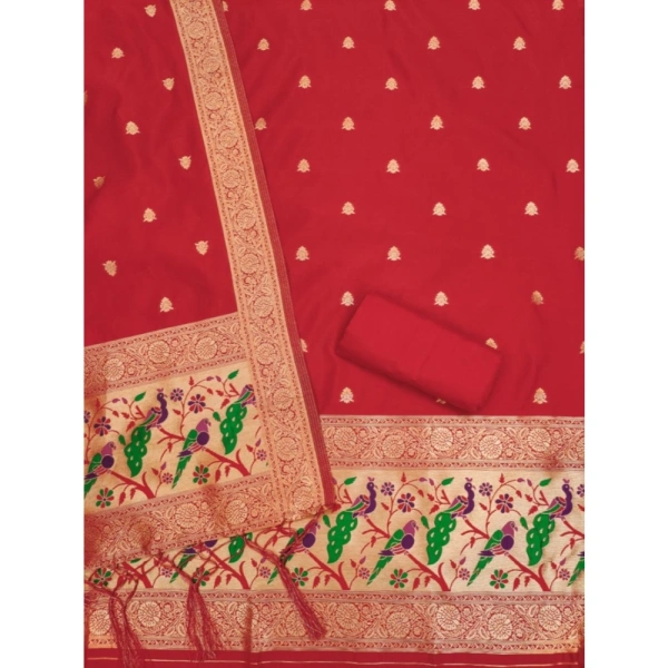 Shopnav Women's Banarasi Silk Printed Unstitched Salwar Suit Material With Dupatta (Red, 3Mtrs)