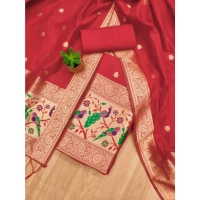 Shopnav Women's Banarasi Silk Printed Unstitched Salwar Suit Material With Dupatta (Red, 3Mtrs)