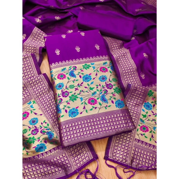 Shopnav Women's Banarasi Silk Printed Unstitched Salwar Suit Material With Dupatta (Purple, 3Mtrs)