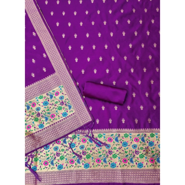 Shopnav Women's Banarasi Silk Printed Unstitched Salwar Suit Material With Dupatta (Purple, 3Mtrs)
