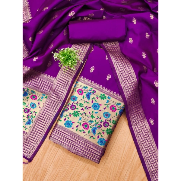 Shopnav Women's Banarasi Silk Printed Unstitched Salwar Suit Material With Dupatta (Purple, 3Mtrs)