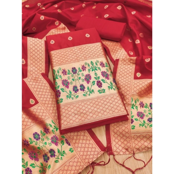 Shopnav Women's Banarasi Silk Printed Unstitched Salwar Suit Material With Dupatta (Red, 3Mtrs)