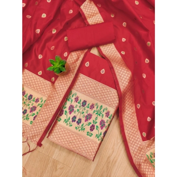 Shopnav Women's Banarasi Silk Printed Unstitched Salwar Suit Material With Dupatta (Red, 3Mtrs)