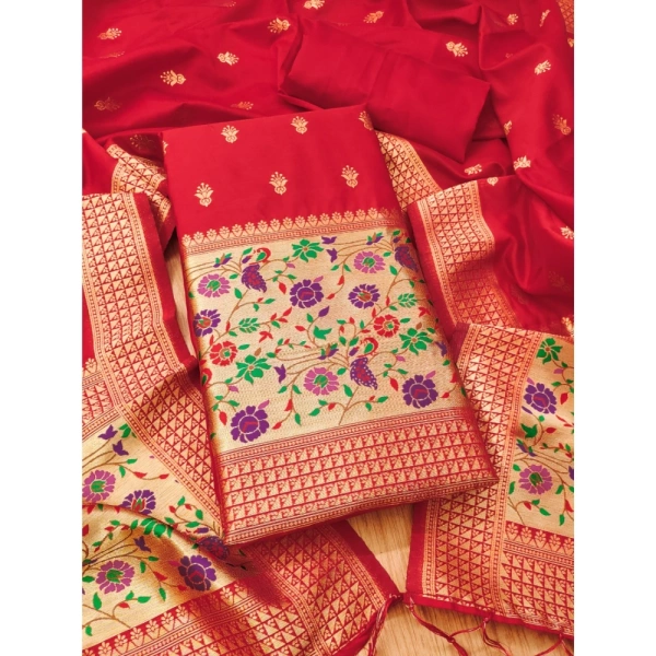 Shopnav Women's Banarasi Silk Printed Unstitched Salwar Suit Material With Dupatta (Red, 3Mtrs)