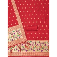 Shopnav Women's Banarasi Silk Printed Unstitched Salwar Suit Material With Dupatta (Red, 3Mtrs)