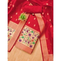 Shopnav Women's Banarasi Silk Printed Unstitched Salwar Suit Material With Dupatta (Red, 3Mtrs)