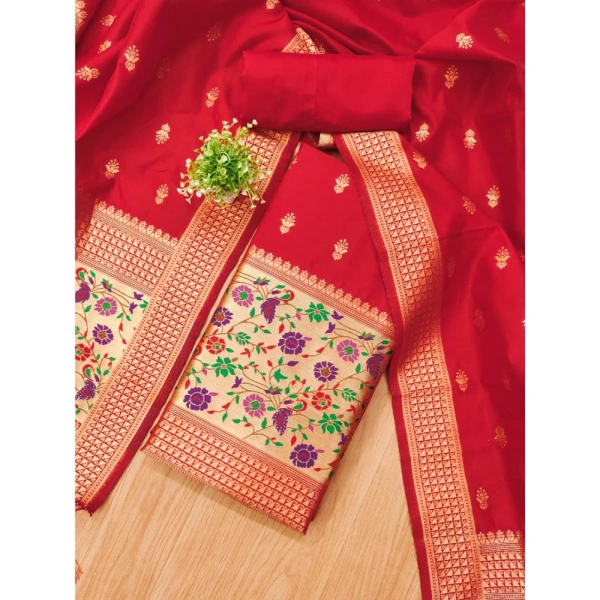 Shopnav Women's Banarasi Silk Printed Unstitched Salwar Suit Material With Dupatta (Red, 3Mtrs)