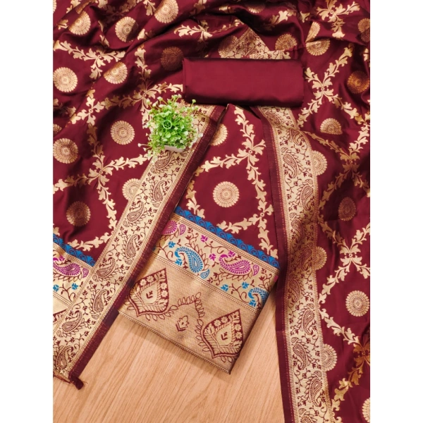 Shopnav Women's Banarasi Silk Printed Unstitched Salwar Suit Material With Dupatta (Maroon, 3Mtrs)