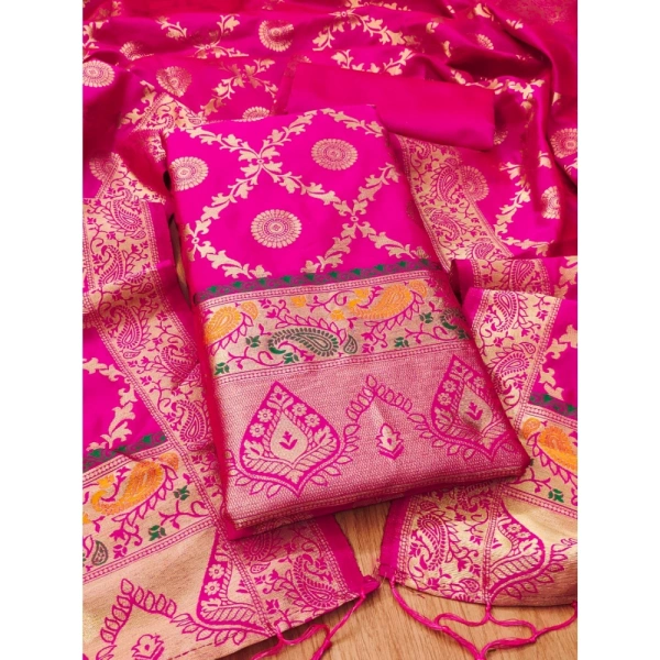 Shopnav Women's Banarasi Silk Printed Unstitched Salwar Suit Material With Dupatta (Pink, 3Mtrs)