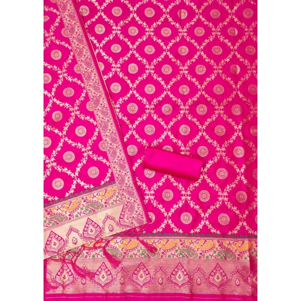Shopnav Women's Banarasi Silk Printed Unstitched Salwar Suit Material With Dupatta (Pink, 3Mtrs)