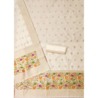 Shopnav Women's Banarasi Silk Printed Unstitched Salwar Suit Material With Dupatta (White, 3Mtrs)
