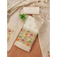 Shopnav Women's Banarasi Silk Printed Unstitched Salwar Suit Material With Dupatta (White, 3Mtrs)